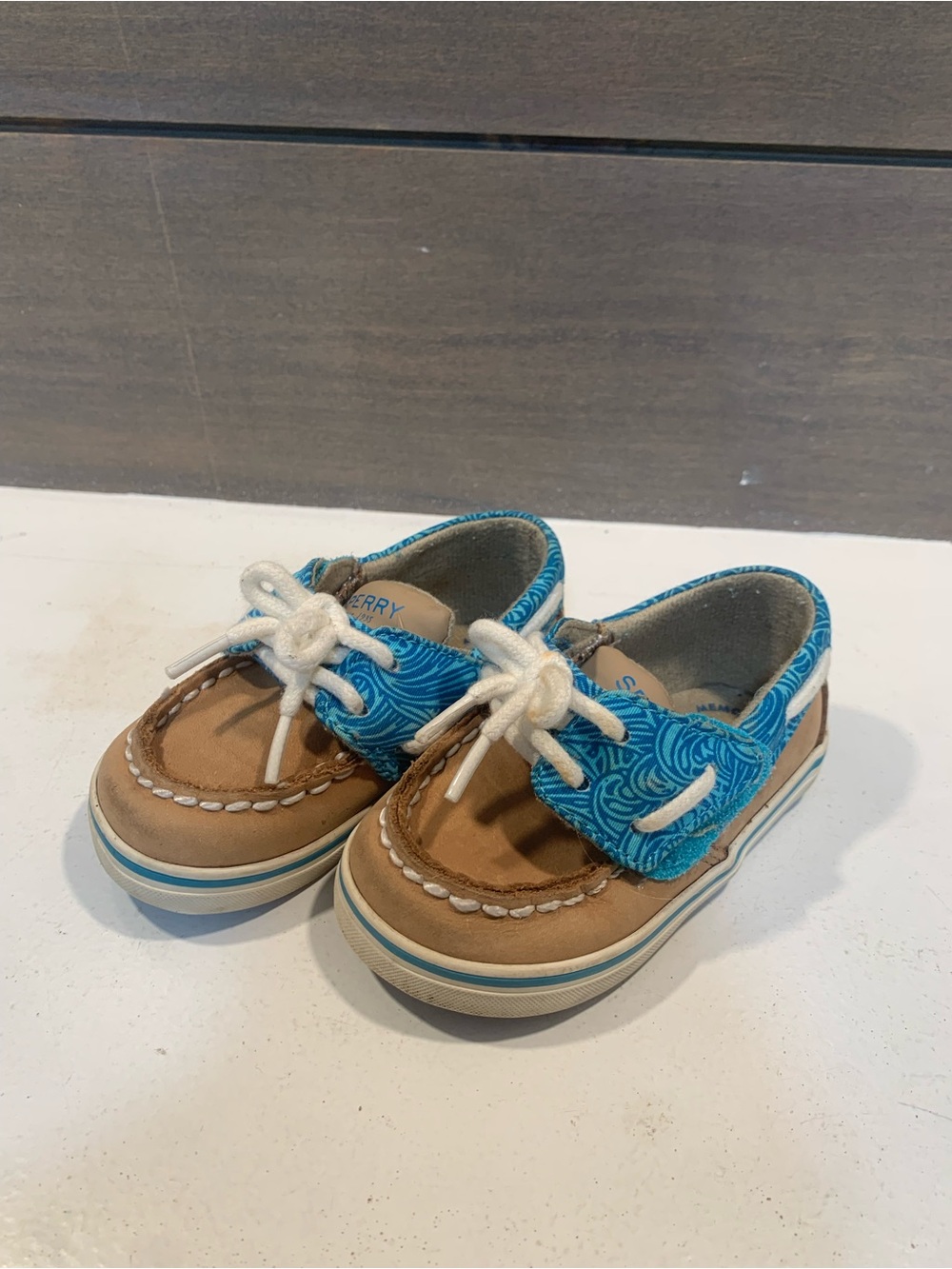 Sperry Topsiders Baby Girls Loafers Brown Blue Print Size 4M Preppy Boating